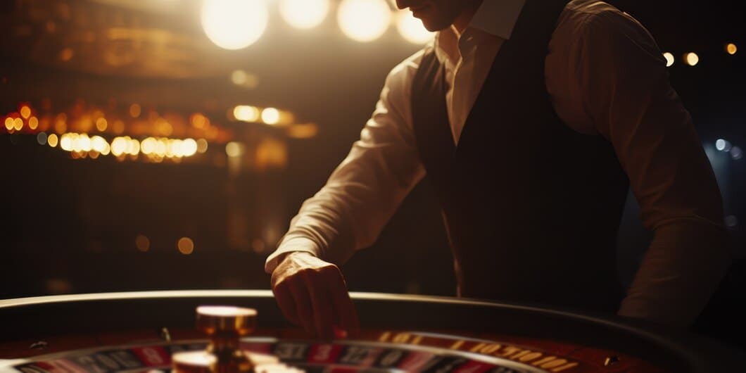 Hráč u pokerového stolu v prémiovém tmavém lounge